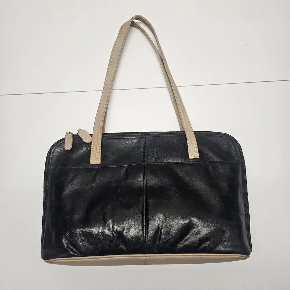 Latico Black & Tan Leather Briefcase Shoulder Bag Purse Satchel Carry Large